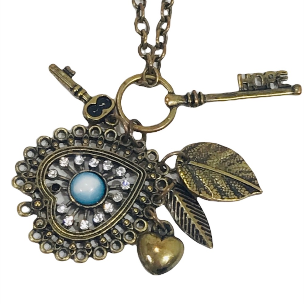 Hearts, Hope, Keys & Leafs Necklace, Antique Brass